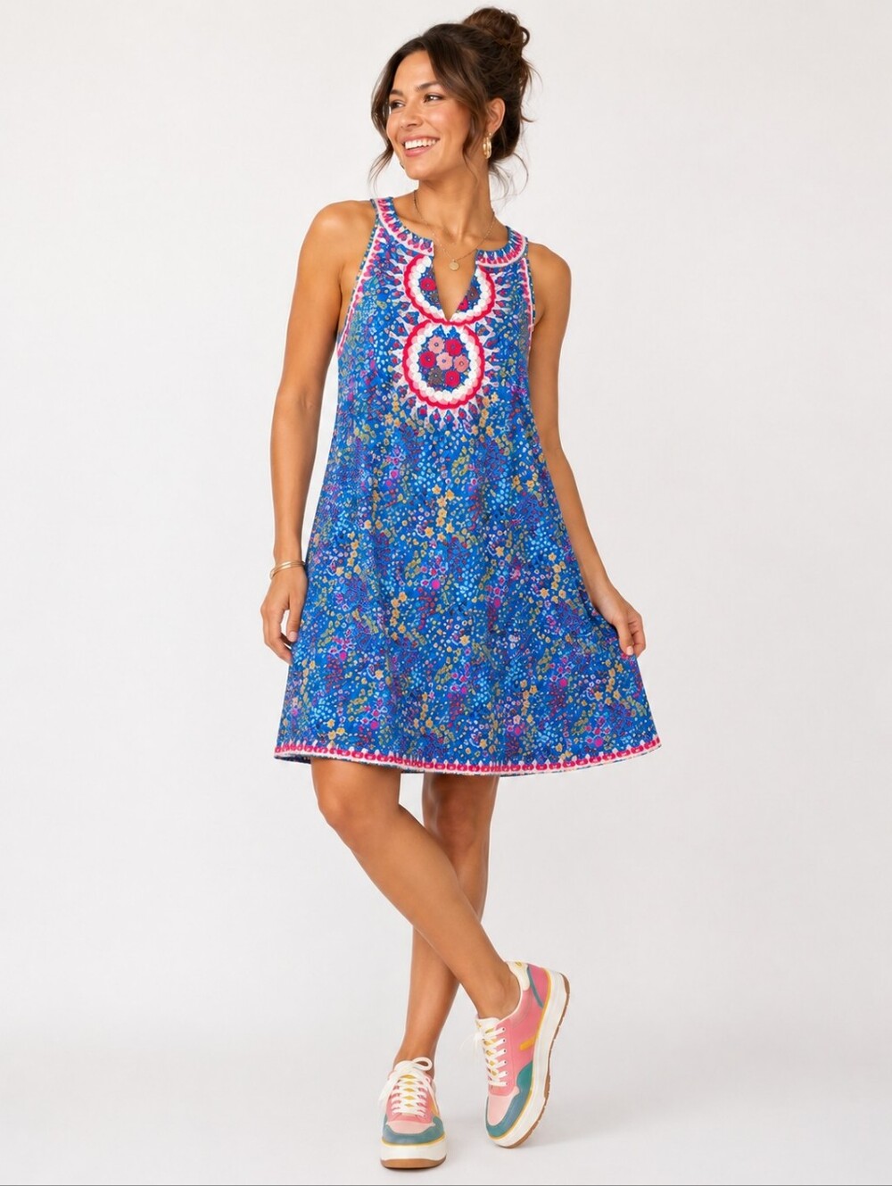 Savanna Jane Blue Floral A-Line Dress with Pink Trim